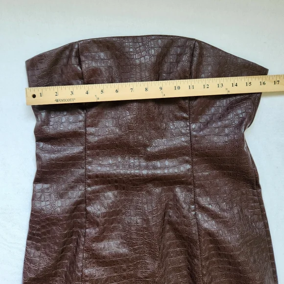 7 For All Mankind Strapless Dress Brown Faux Leather Snakeskin Print Sexy Medium - Picture 9 of 13